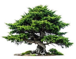Full shot of a bonsai tree with vibrant green foliage and gnarled, aged trunk