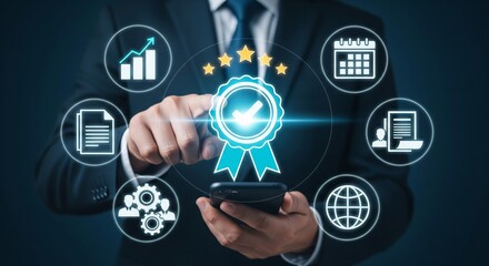 Holographic quality assurance medal with golden stars and business icons above smartphone