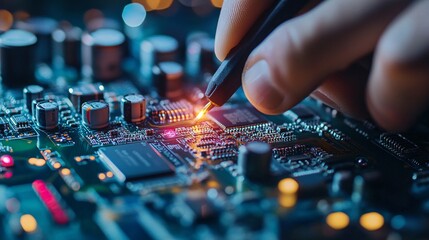 Concept of technological innovation showing a dedicated male hardware engineer meticulously designing a complex circuit board on a computer screen