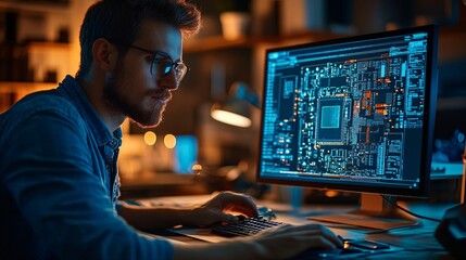 Professional IT specialist working late on a desktop computer, developing innovative software and analyzing a microchip layout in a modern tech office