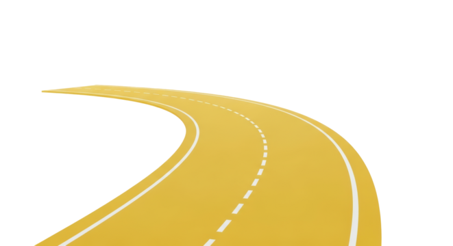 Isolated Winding Yellow Road Vanishing Ahead with Dashed Midline and Sideline, Concept