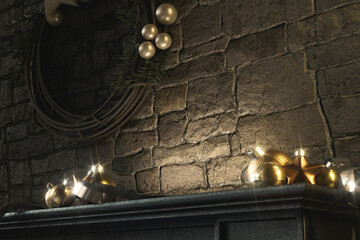 Christmas Fireplace Mantlepiece Holiday Stage Backdrop