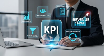 KPI performance measurement with business icons — sales growth, lead generation, productivity, and conversion rate