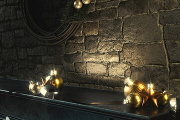 Christmas Fireplace Mantlepiece Holiday Stage Backdrop
