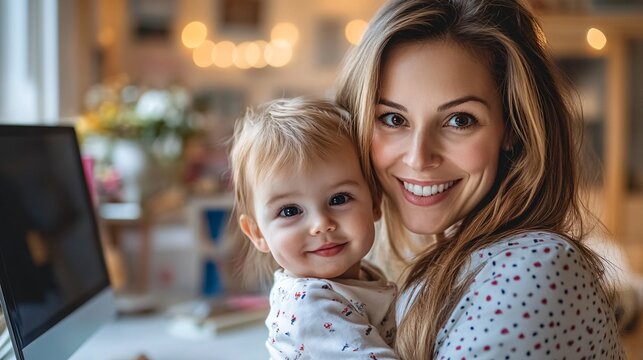 Portrait of a beautiful working mother holding her adorable baby daughter in a cozy home office, balancing career and family life - Powered by Adobe