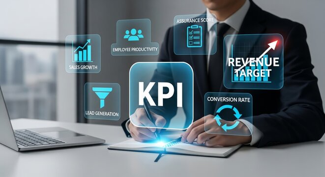 KPI performance measurement with business icons — sales growth, lead generation, productivity, and conversion rate