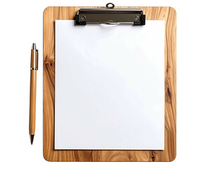 A blank sheet of paper in a wooden clipboard with a pen