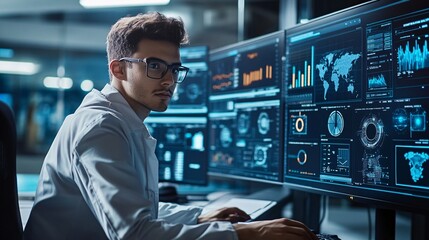 Focused Male Data Analyst in a High-Tech Command Center, examining intricate infographics and system analytics on large screens