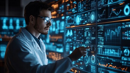 Male scientist analyzing complex data on a futuristic digital interface with glowing blue screens in a control room
