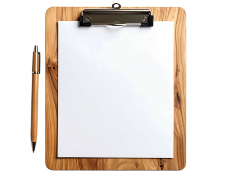 A blank sheet of paper in a wooden clipboard with a pen