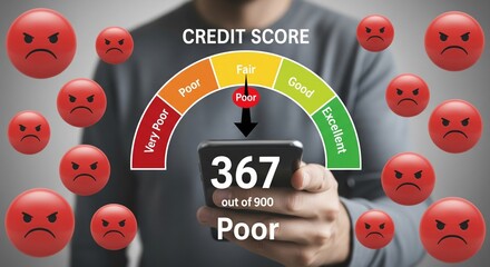 Poor credit score gauge chart with sad face icons and man holding smartphone