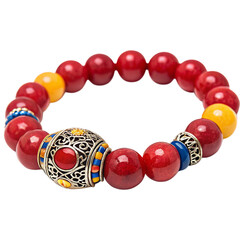 Red beaded bracelet with ornate silver charm isolated on transparent background