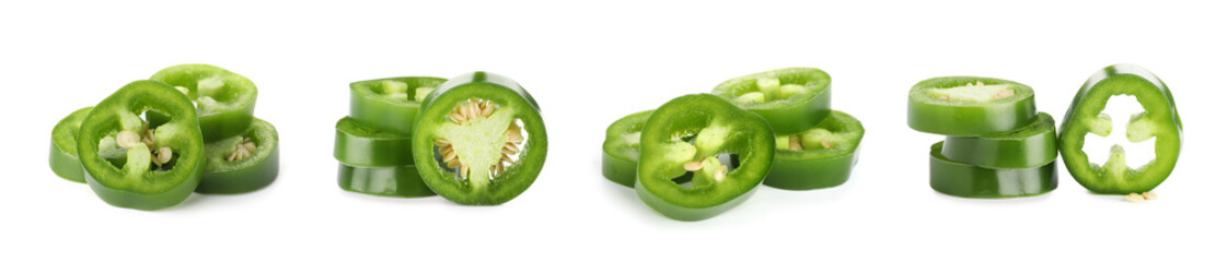 Jalapeno pepper slices isolated on white, set
