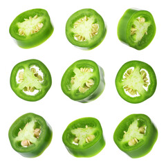 Jalapeno pepper slices isolated on white, set