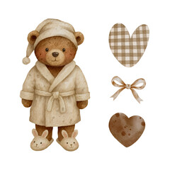 Watercolor illustration of a cute bear in pajamas with hearts and bow elements, perfect for stickers, kids cards, nursery decor, and cozy-themed designs.