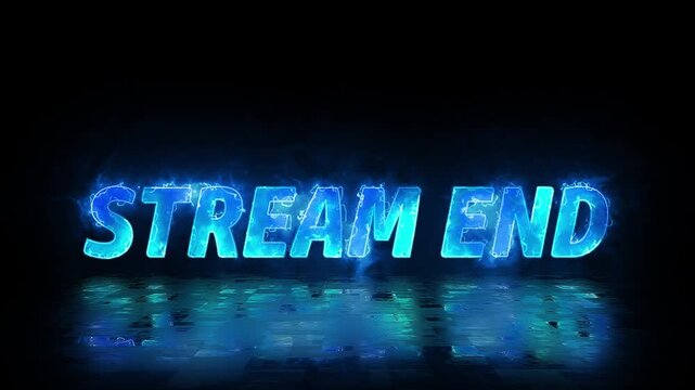 neon stream end over text in blue flames with reflection on black background