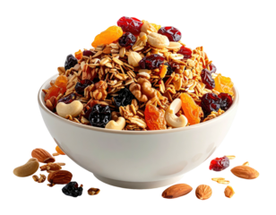Bowl of granola topped with dried fruits and nuts