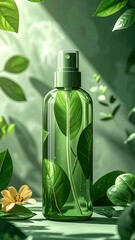 Green spray bottle surrounded by leaves