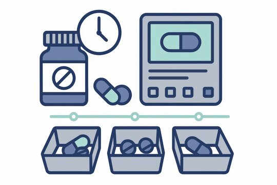 Visual representation of efficient medication management system with organized pill containers and time display for timely dosage and health monitoring in modern healthcare