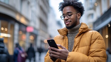 Cheerful young Black man in glasses and a warm jacket using a smartphone while standing on a city street