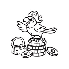 Cheeky Pirate Parrot Balancing On Gold Coins Treasure Line Art. 