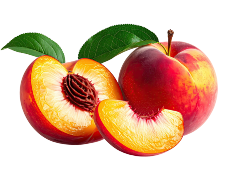 Two ripe peaches, one halved, displaying vibrant red-orange skin and juicy yellow flesh.  Fresh leaves add a touch of green