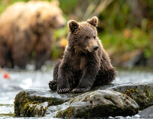 Obraz premium A brown bear cub sits on a rock in a river, another bear blurred in the background