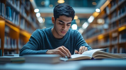 Young male student deeply focused on reading a book in a vast university library, showing dedication to his studies and intellectual pursuit