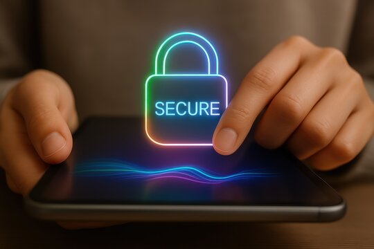 Secure mobile phone with padlock icon representing data protection and privacy
