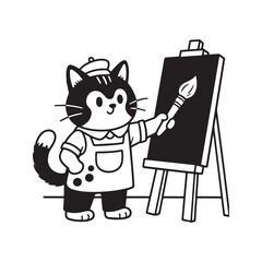 Creative cat dressed as painter holding brush standing proudly beside blank canvas.