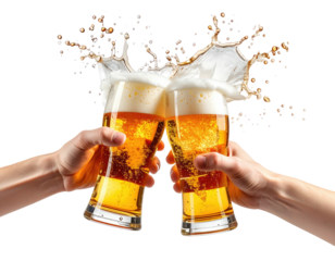 Two beer glasses clinking in a celebratory toast, with frothy splashes