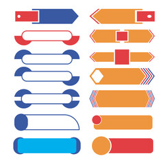 Obraz premium Ribbons collection set. Red Blue and yellow ribbons template. Vibrant colorful geometric shape blank labels, rectangles, ribbon, stars, in retro style with shadow. 