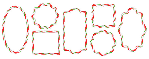 Christmas oval and round wavy candy cane frames with red, white, and green stripes. Christmas striped candy canes for text decoration. Christmas design elements. Isolated vector