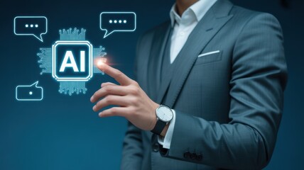 Obraz premium Modern Tech Integration: A modern professional dressed in formal business attire is seen interacting with a digital AI interface.