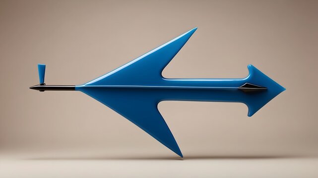 Modern blue arrow sculpture, minimal futuristic direction symbol with glossy metallic surface, abstract contemporary design concept for innovation, navigation, and creative art background