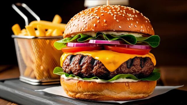 Gourmet cheeseburger and french fries on a platter