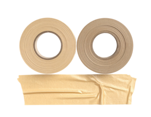 Two rolls of beige masking tape, one slightly lighter, rest atop a crumpled strip