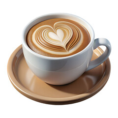 White coffee cup with latte art heart on saucer isolated on transparent background