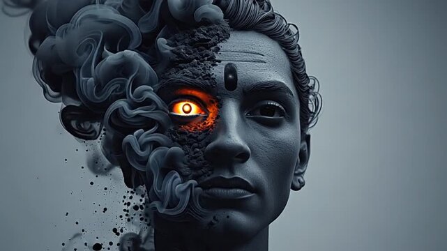 Ethereal Face Emerges from Smoke and Ash, Fiery Eye Gazes