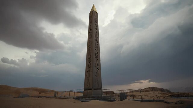 Retro-inspired Egyptian obelisk with hieroglyph carvings 