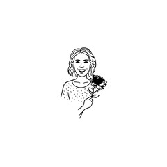 Black and white vector illustration of a beautiful woman holding a flower, minimal clean line art style
