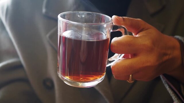 Close-up of a Hand Holding a Cup of Tea 4kk video