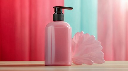 Pink Pump Bottle with Petal Decoration on Gradient Background for Skincare Packaging, Personal Care, Cosmetic Branding, Product Display