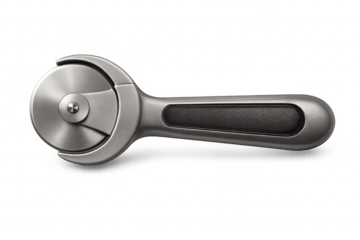 Modern steel pizza cutter utensil with circular blade