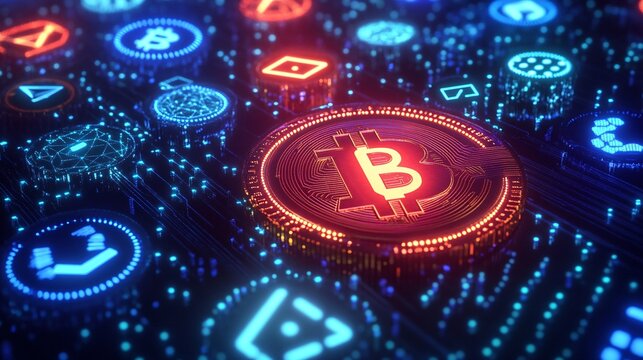 3D illustration of cryptocurrency symbols floating in cyberspace