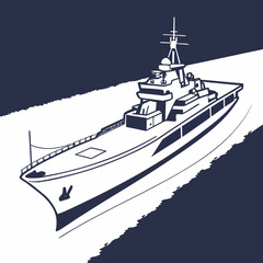 Illustration of a modern warship sailing on the water, the vessel is depicted in a simple, graphic style, with clean lines and a minimalist color palette