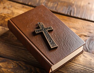 A brown leather-bound book rests on a wooden surface, adorned with a dark metal cross