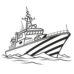 Fototapeta premium Illustration of a patrol boat sailing on the water, showcasing its design and functionality in a simple yet effective black and white drawing style