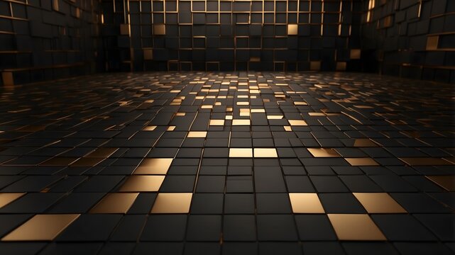 Luxury black and gold 3D geometric background, metallic cube pattern with reflective surface, elegant modern design for premium wallpaper, architecture, and digital art texture
