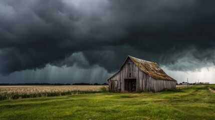 Obraz premium Old barn in a field during a thunderstorm